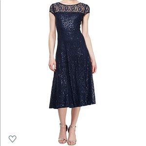 SLNY sequin lace fit and flare cocktail dress